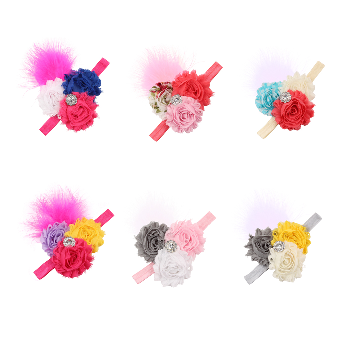 6 pcs 2.5" 3 Flower Plumed Hair band Headband For Newborn Baby Girls Toddlers