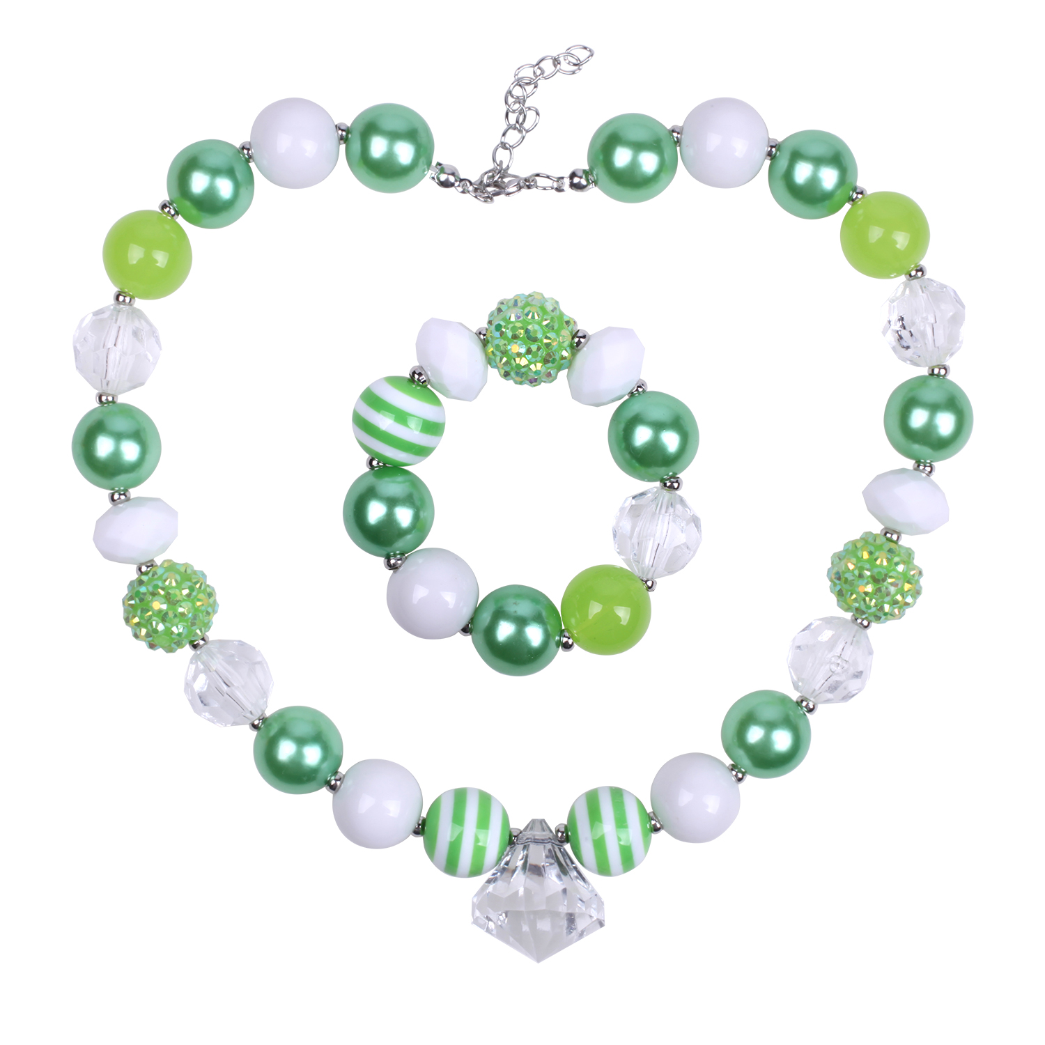 Green Chunky Bubblegum Necklace and Bracelet set for Kids Girls