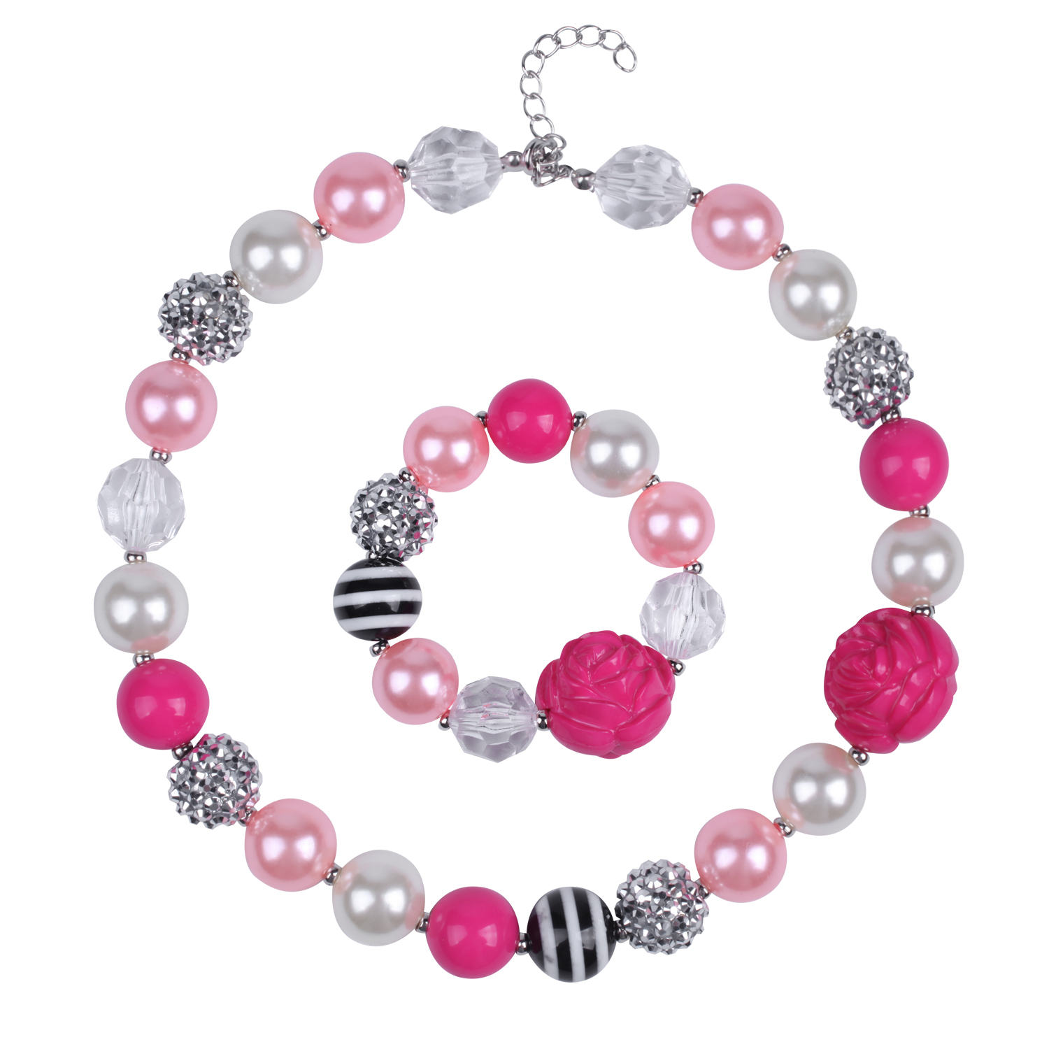 Rose Chunky Bubblegum Necklace and Bracelet set for Kids Girls
