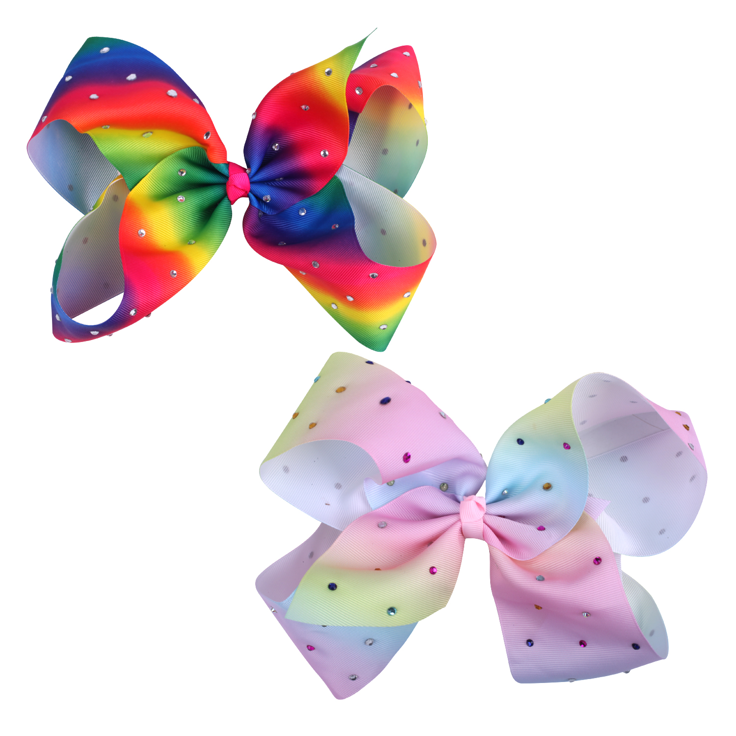 Large Hair Bow Rhinestone Rainbow Baby Girls 8 Inch 2 Pcs